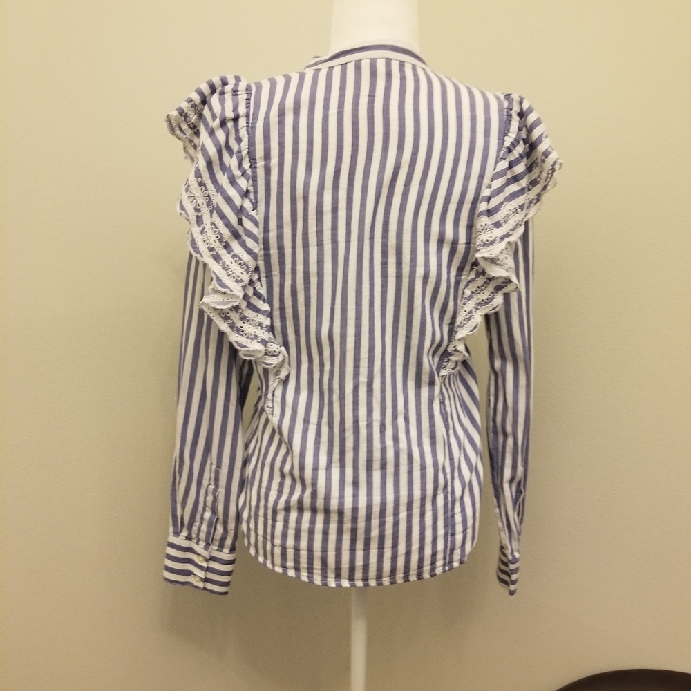 Stripe Ruffle Eyelet Button Down Collarless Shirt - image 3